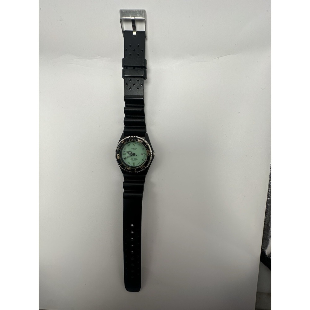 Gruen GR4684 Green Dial New Battery 34MM 8.25" Black Rubber Band Rare Diver C42 - Picture 2 of 12